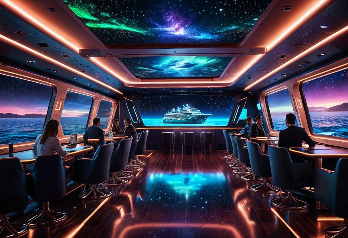 A futuristic cruise ship sailing through a holographic ocean, with sleek, modern designs and advanced technology visible on deck. The sky above is filled with digital constellations and a vibrant aurora. People on board are interacting with augmented reality interfaces, with the ship's logo appearing in neon lights on its side. cyberpunk. vibrant colors. super-realistic.