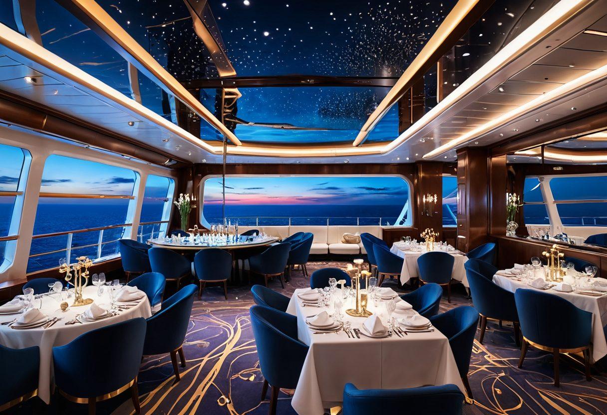 A futuristic, sleek luxury cruise ship sailing through a sparkling ocean, with high-tech amenities visible on deck; passengers enjoying the finest gourmet dining, spa treatments, and virtual reality experiences. The sky is vibrant with a sunset merging into digital constellations, symbolizing the blend of luxury and technology. Elements of wi-fi signals and smart devices subtly integrated into the scene. super-realistic. vibrant colors.