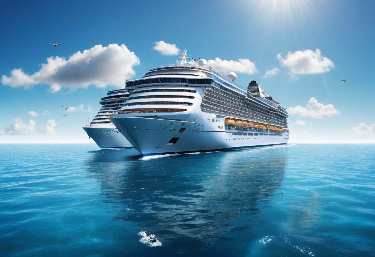 A luxurious cruise ship sailing seamlessly through crystal-clear blue waters under a clear sky, with passengers joyfully using their smartphones and computers to book excursions online. Include icons and symbols representing online booking around the ship, highlighting the ease and comfort of technology in travel. The scene should convey a sense of innovation and serenity. super-realistic. vibrant colors. white background.